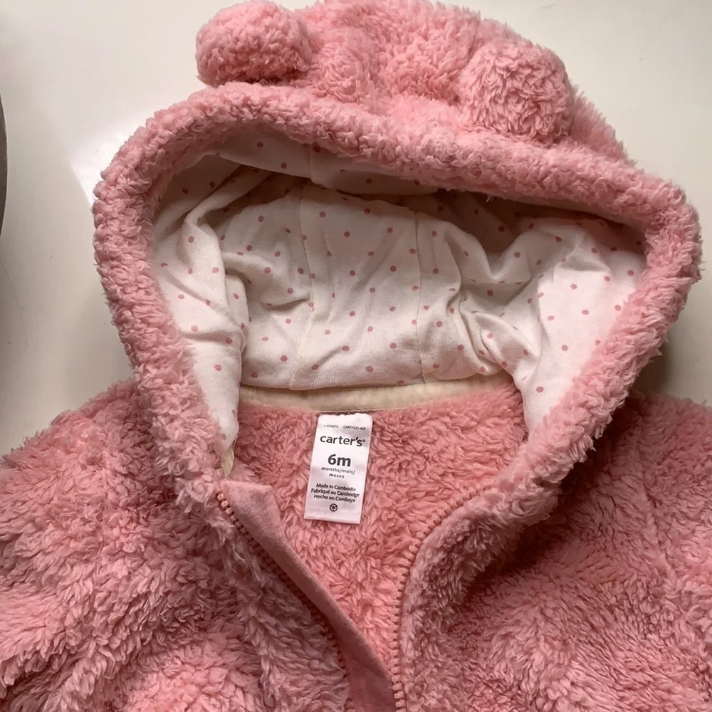 Carters pink teddy fleece footed bodysuit mitten hand covers Infant 6 months